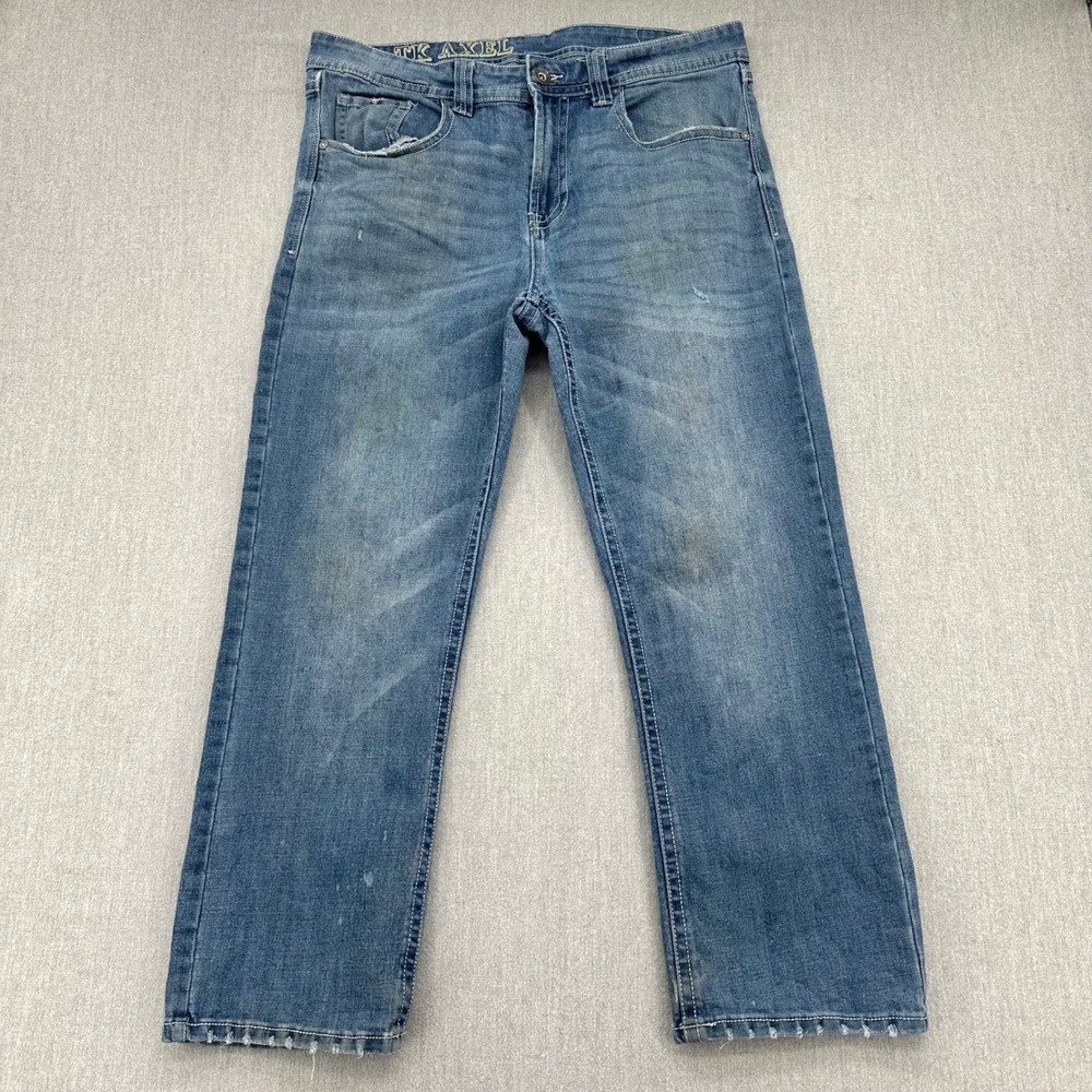 TK Axel Jeans Mens 36x30 Blue Straight Leg Distressed Embroidered Pockets Denim